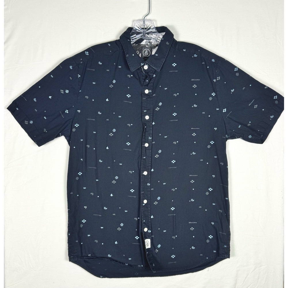 Volcom Button Up Shirt Mens Medium M Gray Geometric Short Sleeve Skate Surf